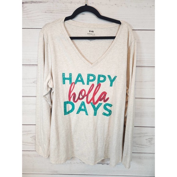 Evri Tops - Evri Womens Cream Solid V-Neck Super Soft‎ Long Sleeve Every Day T-Shirt Size 1X